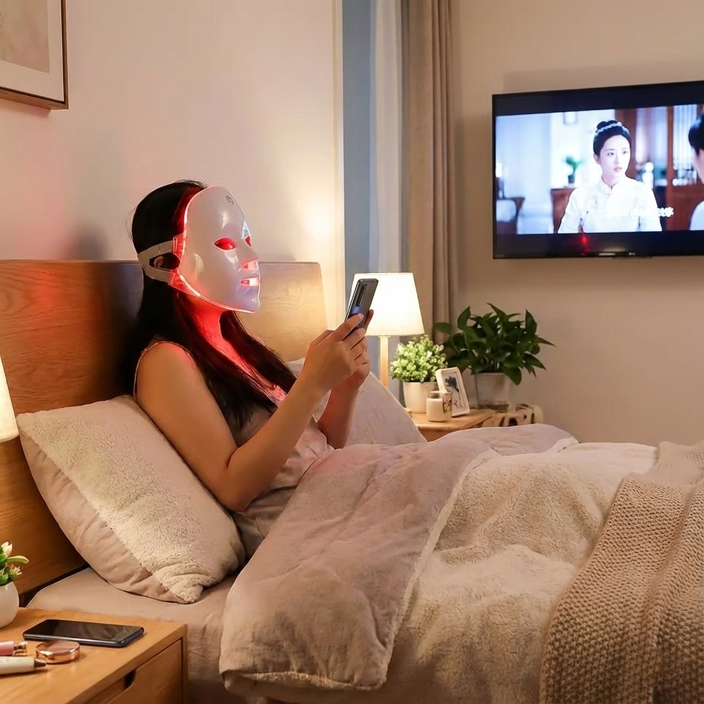 Person in bed wearing a LED face mask, using a phone, with a TV in the background.