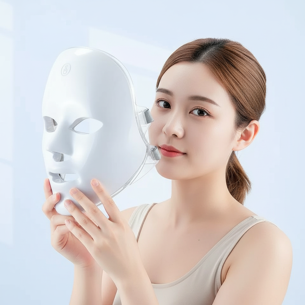 Woman holding a white LED face mask against a light blue background