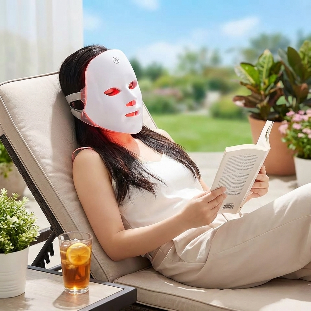 Person wearing a LED face mask while reading a book outdoors.