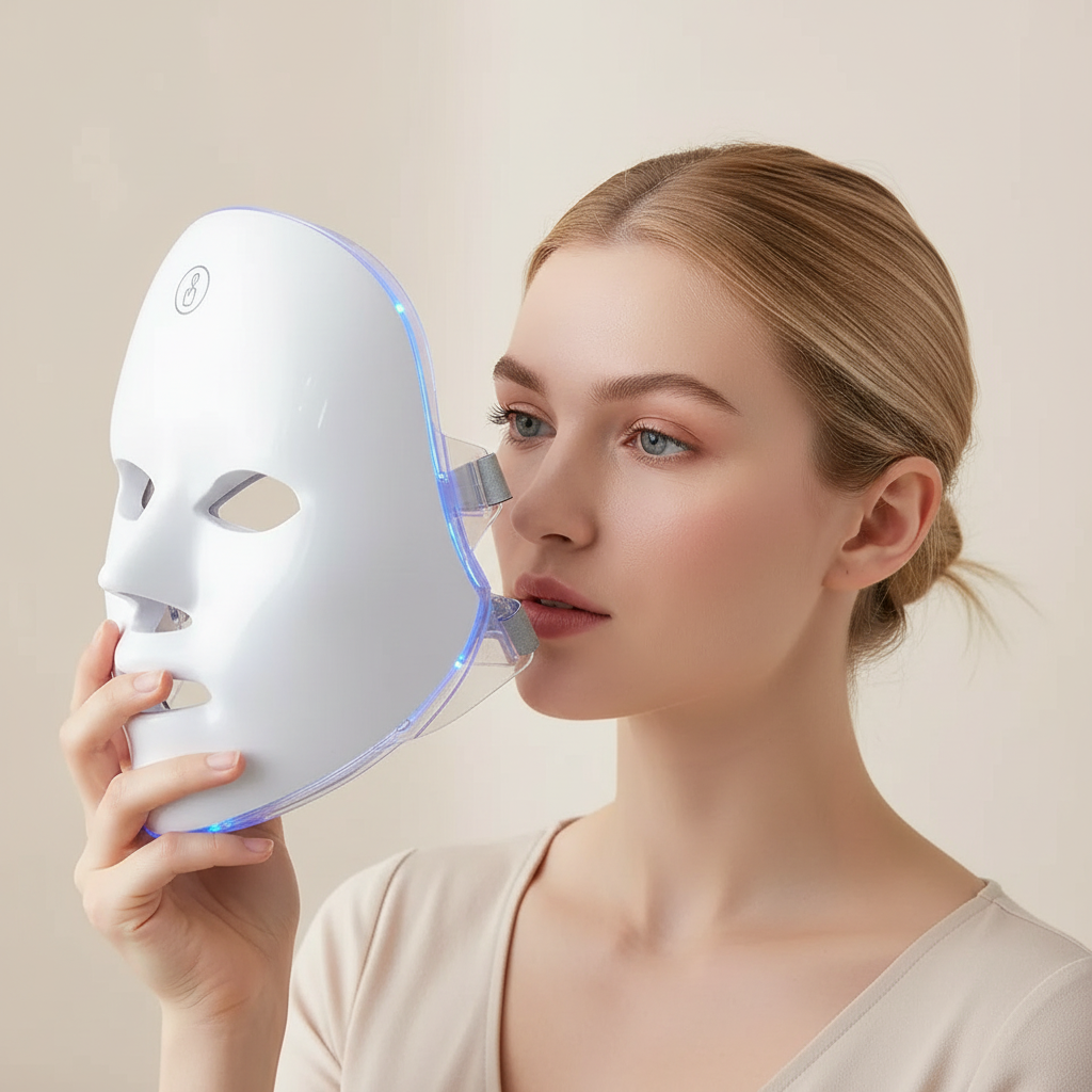 Woman holding a LED face mask against a plain background