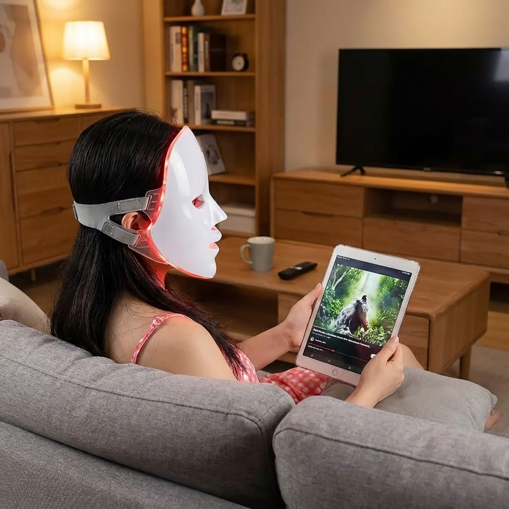 Person using a LED face mask in a living room while holding a tablet.